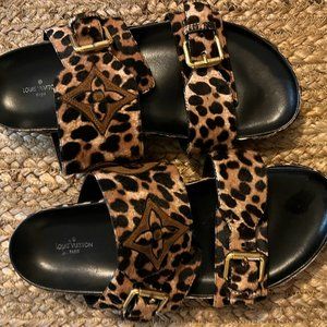 LOUIS VUITTON Bom Dia Pony-Hair Leopard-Print Mules Sz 39